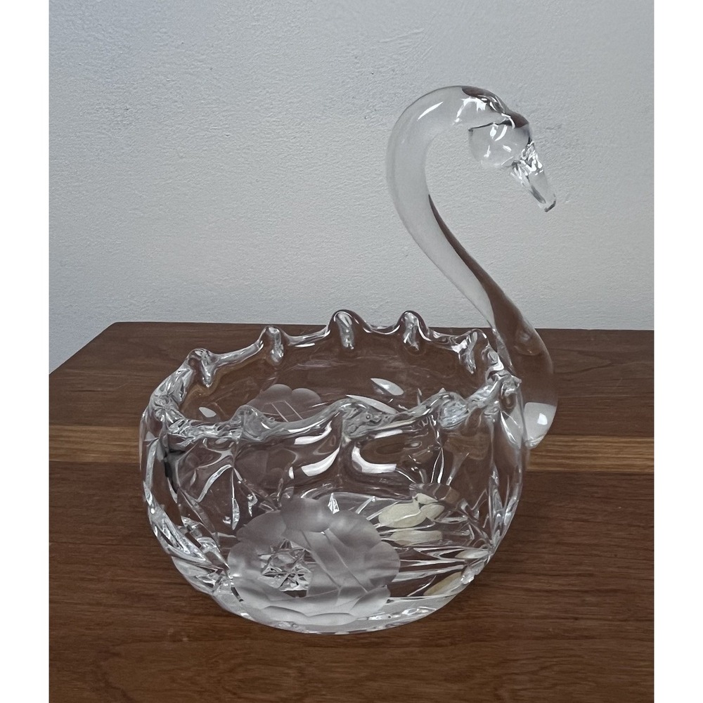 Bohemia Crystal Swan Figurine Bowl Clear Frosted Floral Christmas Gift